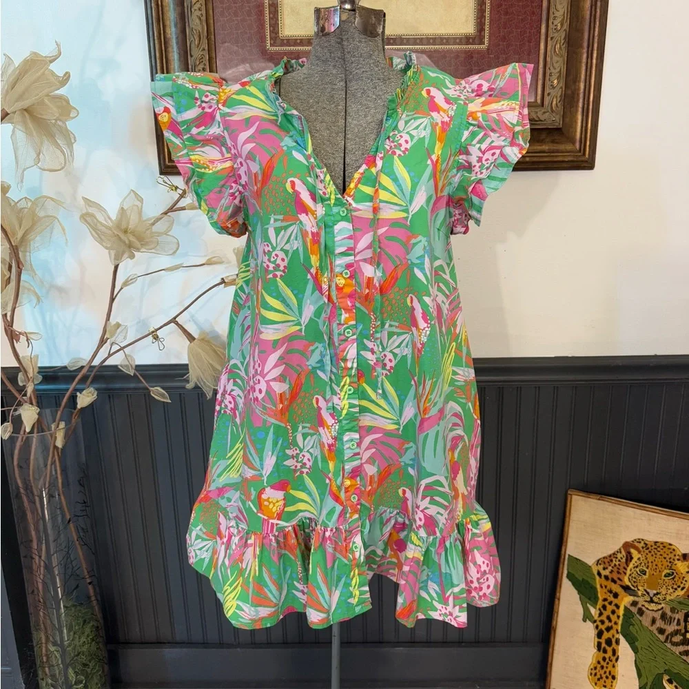 Michelle McDowell In The Trees Colorful Tropical Mini Dress ~ Size Medium 🧡🍄 - Picture 2 of 10